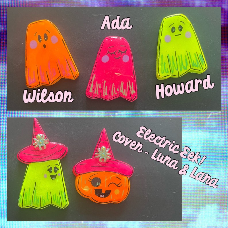 May include: Five colourful ghost and pumpkin Halloween ornaments with names written above them. The names are Ada, Wilson, Howard, Electric Seek! and Coven - Luna & Lana.