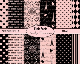 May include: A set of 12 digital papers featuring Parisian themes. The papers include black and pink polka dots, black and white stripes, a black and white damask pattern, a black and white Eiffel Tower pattern, and a black and white pattern with the word "Paris" repeated.