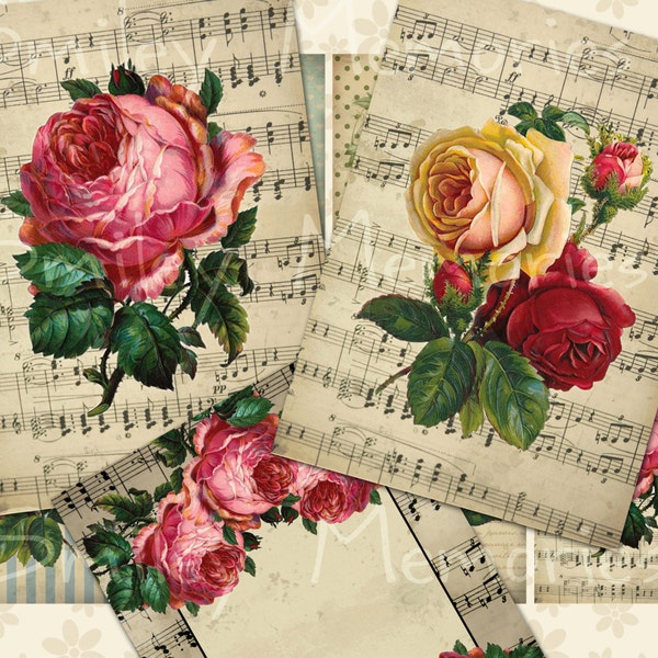 Victorian Roses, Printable digital Collage Sheet, Set of 8 Victorian Gift Tags, Aceo Cards, Jewelry Holders, Junk Journal, Ephemera card