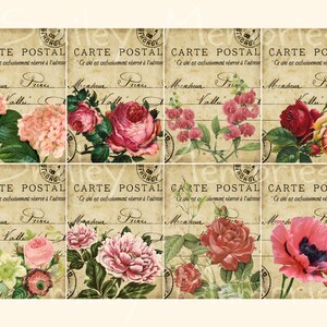 May include: A set of eight vintage-style postcards featuring floral illustrations. Each postcard has a light brown background with a faded, antique look. The postcards feature various flowers, including roses, hydrangeas, and poppies, in shades of pink, red, and white. The text on the postcards reads "Carte Postal" and includes a French address.