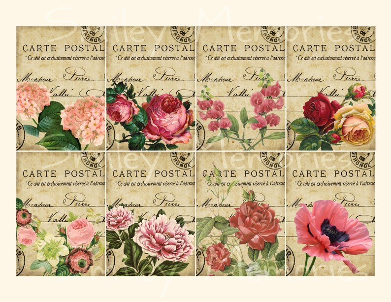 May include: A set of eight vintage-style postcards featuring floral illustrations. Each postcard has a light brown background with a faded, antique look. The postcards feature various flowers, including roses, hydrangeas, and poppies, in shades of pink, red, and white. The text on the postcards reads "Carte Postal" and includes a French address.
