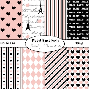 Puede incluir: Un conjunto de papeles digitales de 30,5 x 30,5 cm con patrones rosas y negros con corazones, lunares, rayas y un tema parisino. El texto "Pink & Black Paris" y "Smily Memories" está incluido.