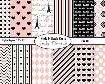 Pacote de 2 Paris rosa e preto, pacote de papel digital 12 "x 12" para scrapbooking, diário de lixo, design de cartão, convites, fundo, artesanato em papel