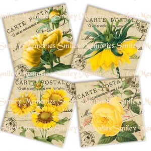 Podkładki 4"x4" Vintage Yellow Flowers Post Cards3, cyfrowy arkusz kolażu i 4 INDYWIDUALNE OBRAZY pliki JPEG, Junk Journal, Ephemera Cards