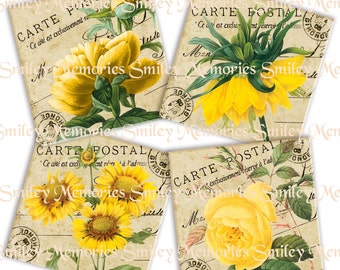 Coasters 4"x4" Vintage Yellow Flowers Post Cards3, digital Collage Sheet and 4 INDIVIDUAL IMAGES JPEG files, Junk Journal, Ephemera Cards