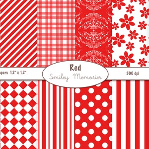 Red and White Digital Paper Pack 12&quot; x 12&quot; for card design, invitations, background, paper crafts, junk journal. Floral, polka dot, stripe