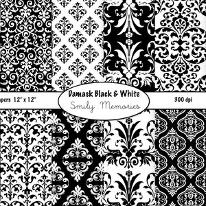 Damask Black & White Digital Paper Pack 12&quot; x 12&quot; for scrapbooking, junk journal, card design, invitations, background, paper crafts