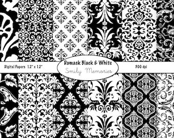 Paquete de papel digital Damasco en blanco y negro (30,5 x 30,5 cm)