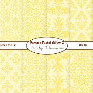 Damask Pastel Yellow Digital Paper Pack 12 x 12 Commercial Use, Instant Download, Scrapbook papers, Digital Background, Invitation image 1