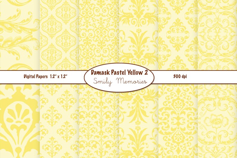 Damask Pastel Yellow Digital Paper Pack 12 x 12 Commercial Use, Instant Download, Scrapbook papers, Digital Background, Invitation image 1