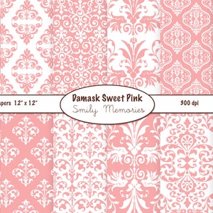 Damask Sweet Pink Digital Paper Pack 12&quot; x 12&quot; for scrapbooking, card design, invitations, background, paper crafts, junk journal, ephemera
