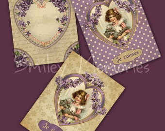 ACEO ATC Purple Vintage Valentine Card Making Tags Embellishments, Junk Journal, Art Trading Cards, Digital Ephemera, Instant Download