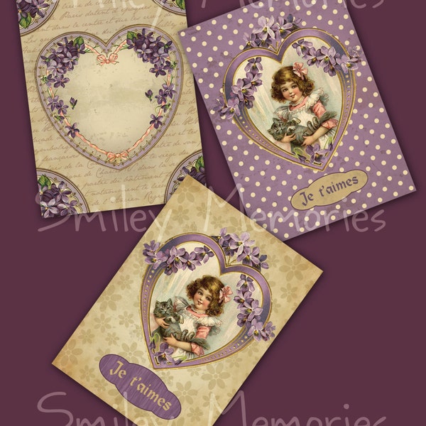 ACEO ATC Purple Vintage Valentine Card Making Tags Embellishments, Junk Journal, Art Trading Cards, Digital Ephemera, Instant Download
