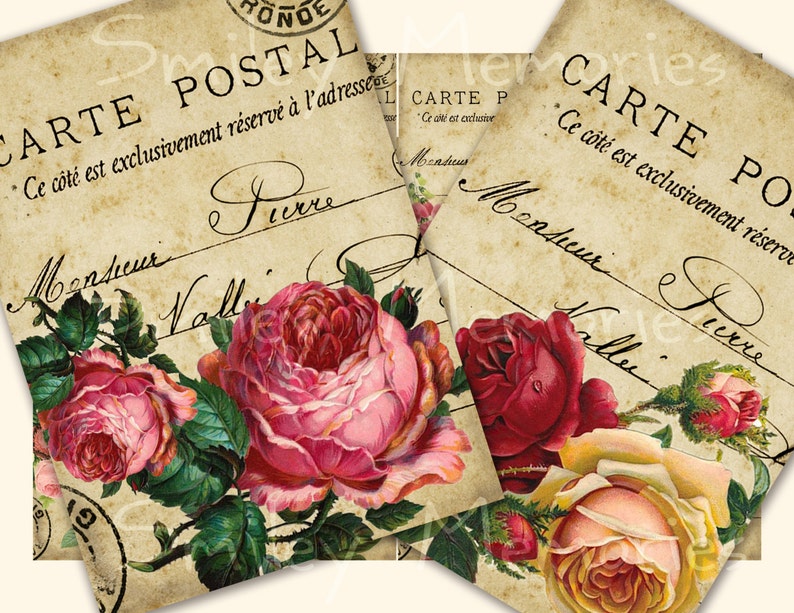 May include: Three vintage French postcards with a floral design featuring pink, red, and yellow roses. The text on the postcards reads "Carte Postal" and "Ce c&ocirc;t&eacute; est exclusivement r&eacute;serv&eacute; &agrave; l'adresse".