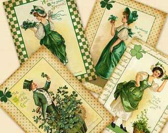 Printable St Patrick's Digital Collage Sheet, Vintage Graphics, Hang Tag, Gift Tags, Aceo Cards, Jewelry Holders, Ephemera Cards