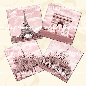 Sous-verres 4 "x 4" Paris en feuille de collage numérique de photographie rose et 4 fichiers JPEG d'IMAGES INDIVIDUELLES, Journal indésirable, carte éphémère imprimable,