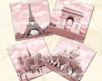 Coasters 4" x 4" Paris in Pink Photography Digital Collage Sheet and 4 INDIVIDUAL IMAGES JPEG files, Junk Journal, Printable Ephemera Card,