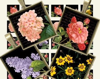 Vintage Black Floral images 1x1 inch Digital Collage Sheet, Printable Downloads for Pendants, Magnets, Paper goods, Jewelry, ephemera cards