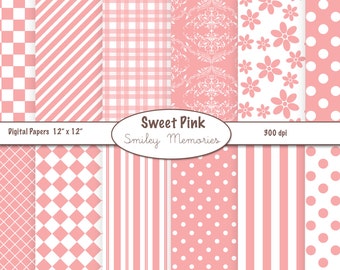 Pastel Pink and White Digital Paper Pack 12" x 12" for scrapbooking, card design, invitations, background, paper crafts, junk journal.