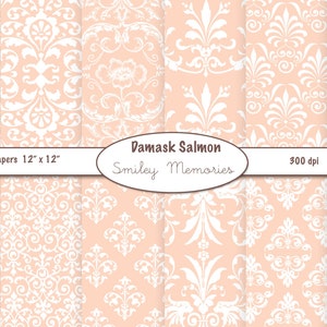 Damask Salmon Digital Paper Pack 12&quot; x 12&quot; for scrapbooking, card design, invitations, paper crafts, junk journal, Instant download