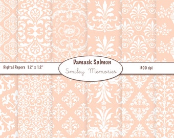 Salmon Damask Digital Paper Pack, Scrapbook Paper (Digital Download)