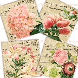 Coasters 4"x4" Vintage Pink Flowers Post Cards, digital Collage Sheet and 4 INDIVIDUAL IMAGES JPEG files, Junk Journal Cards, Ephemera