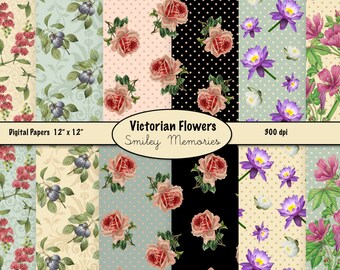 Victorian Flowers Digital Paper Pack, Scrapbook Ephemera (Digital Download)