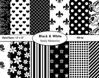 May include: A set of 12 digital papers in black and white featuring various patterns, including hearts, fleur-de-lis, polka dots, roses, flowers, stripes, crowns, and damask. The papers are 12 inches by 12 inches and 300 dpi.
