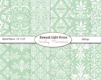 Light Green Damask Digital Paper Pack 12" x 12" Commercial Use, Instant Download, Printable Scrapbook paper, Invitation, Digital Background