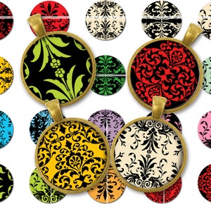 Damask round images 1x1 inch Digital Collage Sheet for Pendants, Magnets, Jewelry, Junk journal, Paper goods. Instant download, circle image