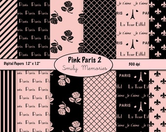 May include: A digital paper pack with 10 different patterns featuring black and pink designs. The patterns include stripes, polka dots, floral designs, and the Eiffel Tower. The text "Pink Paris 2" and "Smily Memories" is included in the image.