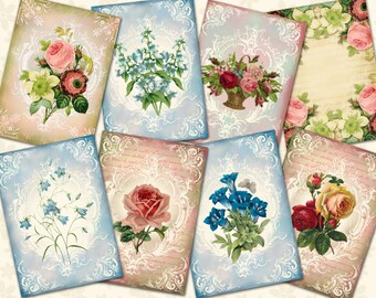 Digital Collage Sheet of 8 Hang, Gift Tags, Aceo Cards, Jewelry Holders and 8 Individual Images Floral Aceo Cards, Cards for Junk Journal