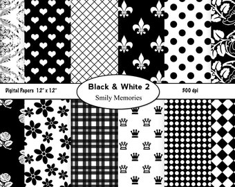 May include: A set of 12 digital papers in black and white featuring various patterns, including hearts, fleur-de-lis, polka dots, checkered, and floral designs. The papers are 12 inches by 12 inches and 300 dpi.