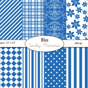 Blue and White Printable Digital Paper Pack 12&quot; x 12&quot; for card design, invitations, background, paper crafts, junk journal. Instant download