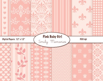 Pink Baby Girl Printable Digital Paper Pack 12" x 12" for scrapbooking, card design, invitations, background, junk journal, ephemera card,