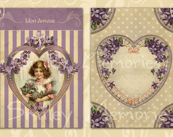 Instant download Vintage Purple Valentine 2, digital Collage Sheet set of  8 Hang, Gift Tags, Aceo Cards, Jewelry Holders, Junk card