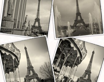 Coasters 4" x 4" Vintage Eiffel Tower Paris photography Black and White digital, printable Collage Sheet and 4 INDIVIDUAL IMAGES JPEG files