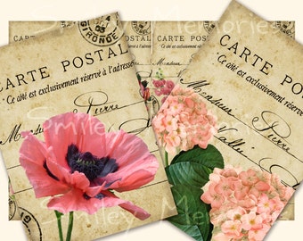 Vintage Floral Aceo Post Cards, Digital Collage Sheet and 8 individual images JPEG files, set of 8 Gift Tags, Junk Journal Cards, Ephemera