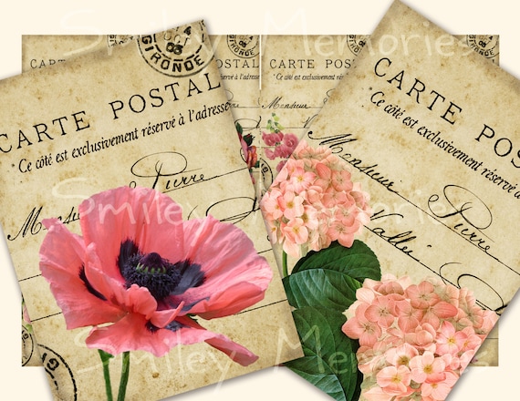 Vintage Floral Aceo Post Cards, Digital Collage Sheet and 8 individual images JPEG files, set of 8 Gift Tags, Junk Journal Cards, Ephemera