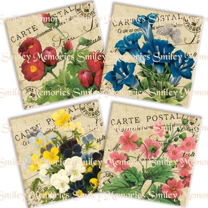 Podkładki 4"x4" Vintage Flowers Post Cards 4, cyfrowy arkusz kolażu i 4 INDYWIDUALNE OBRAZY pliki JPEG, Junk Journal, Ephemera