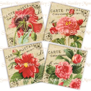 Untersetzer 10x10cm Vintage rosa Blumen Postkarten, digitale Collage Sheet und 4 EINZELBILDER JPEG Dateien, Junk Journal, Ephemera Karten