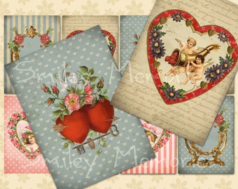 Vintage Valentine, Digital, Printable Collage Sheet, Set of 8 Hang, Gift Tags, Aceo Cards, Jewelry Holders, Ephemera, Junk Journal Aceo Card