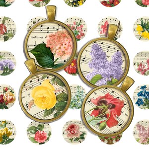 May include: Set of 12 round, gold-toned metal charms with floral designs and sheet music backgrounds. The charms feature various flowers, including roses, lilacs, and poppies, in shades of pink, yellow, purple, and red. The sheet music background features musical notes and the text "That we" and "very much for".