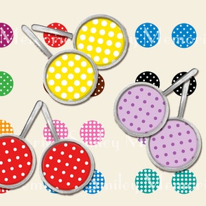 May include: Set of six pairs of earrings with a polka dot design. Each pair features a different color background: red, yellow, purple, green, blue, and black.