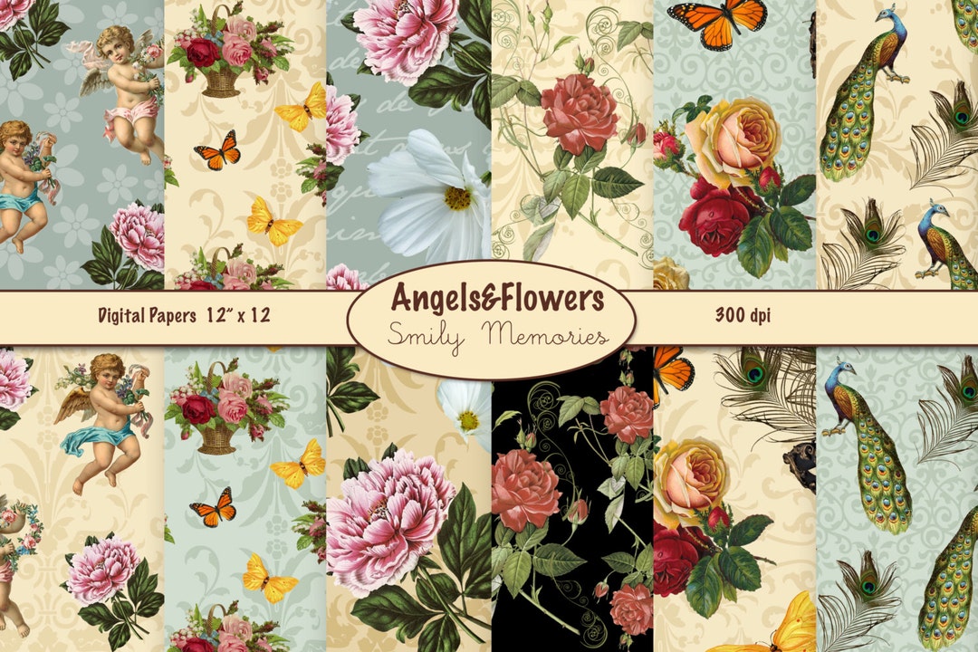 Victorian Digital Wrapping Paper, Instant Download Angels & Flowers 20 ...