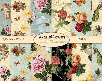 Victorian Digital Wrapping Paper, Instant download Angels & Flowers  20" x 20" for gift wrap, background, paper crafts, junk journal