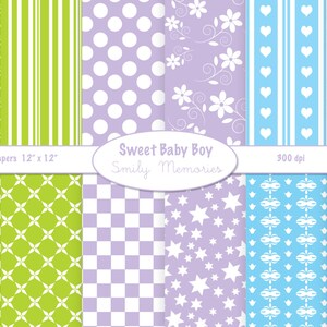 かわいい男の子の印刷可能な紙パック 12 x 12 インチ。カードデザイン、招待状、ペーパークラフト、ベビーシャワー、デコパージュ、エフェメラ、スクラップブッキングに。