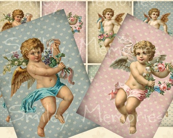 Vintage Angels, Retro Cherubs, Printable Digital Collage Sheet, 8 Gift Tags, Aceo Cards, Jewelry Holders, Ephemera cards, Instant Download
