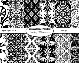 Damask Black & White 2 Digital Paper Pack 12" x 12" for card design, invitations, background, paper crafts, scrapbooking, ephemera cards