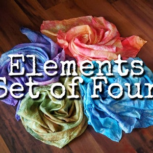 Elements Playsilk Set of 4. Waldorf Inspired Dyed Play Silks. Earth, Water, Air, Fire. Tie Dye. Natural Toy Open Ended Play Dance Montessori
